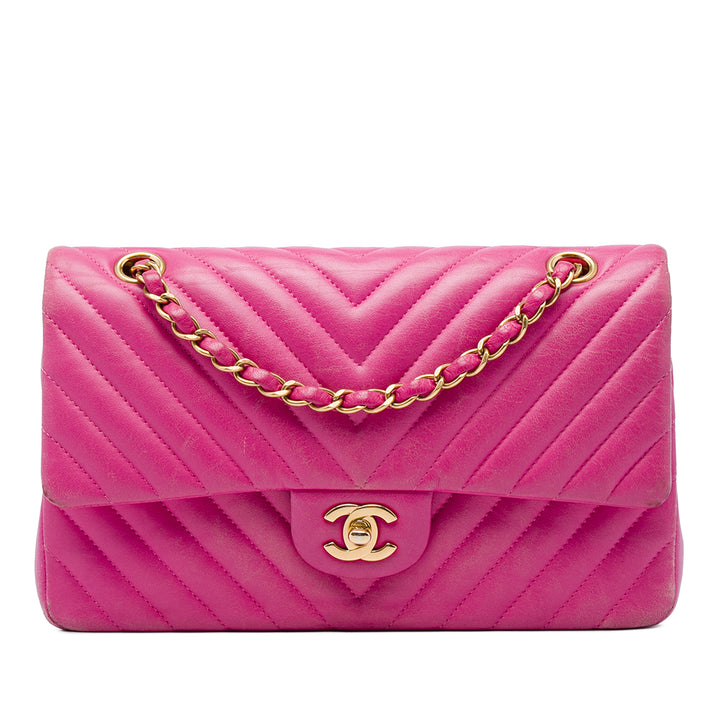 Chanel Classic Chevron Double rabat Moyen Cuir d'agneau Rose – vue principale – GABY PARIS