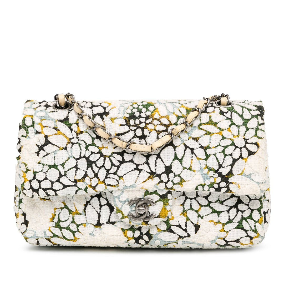 Medium Classic Chevron Tweed Floral Double Flap White - Gaby Paris