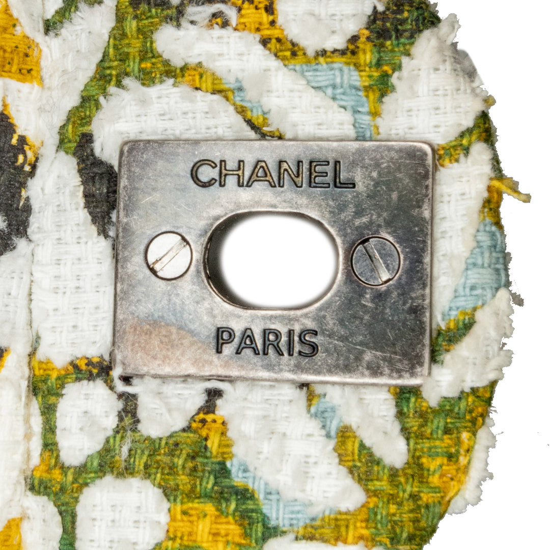 Medium Classic Chevron Tweed Floral Double Flap White - Gaby Paris