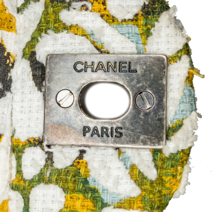 Medium Classic Chevron Tweed Floral Double Flap White - Gaby Paris