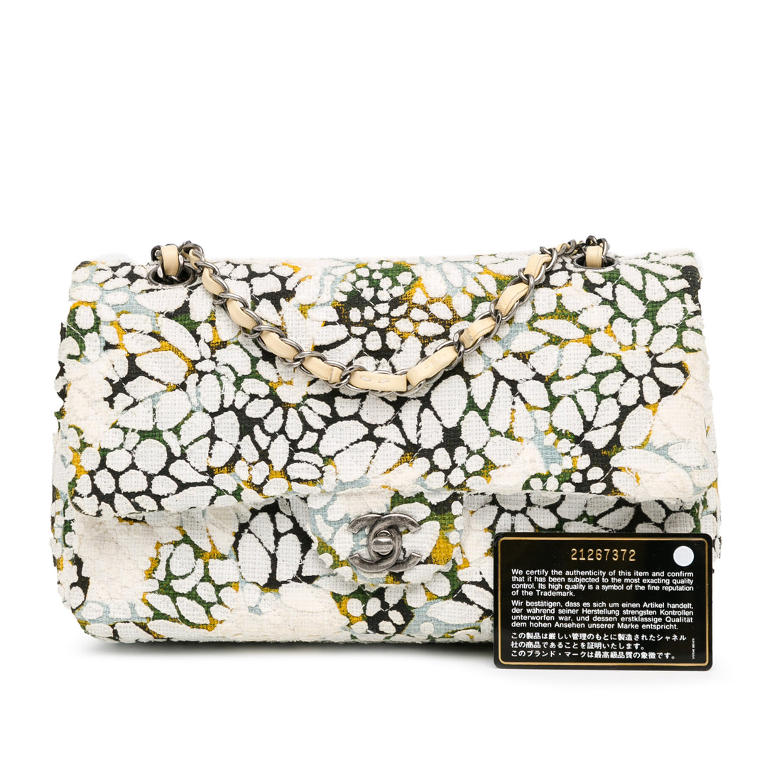 Medium Classic Chevron Tweed Floral Double Flap White - Gaby Paris