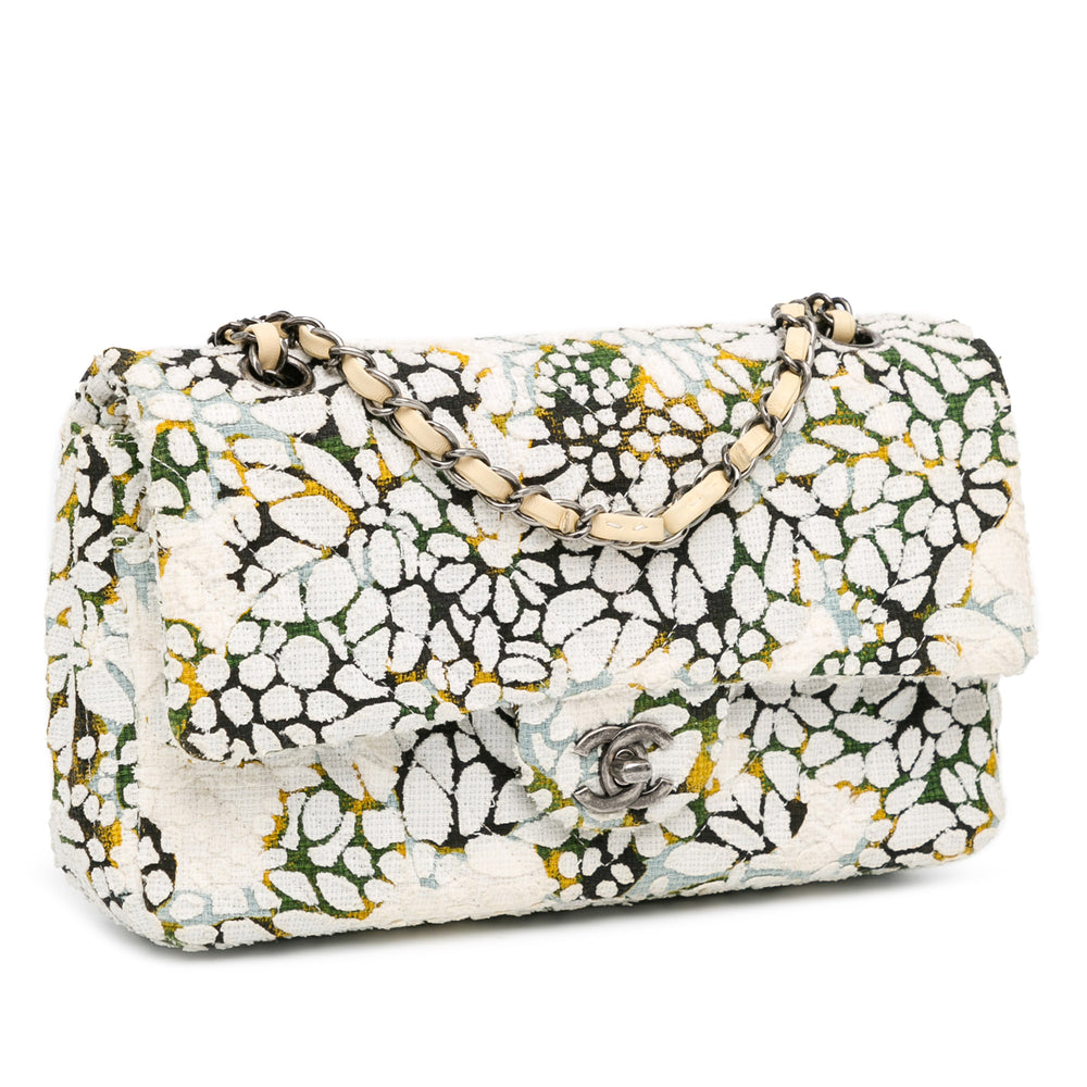 Medium Classic Chevron Tweed Floral Double Flap White - Gaby Paris