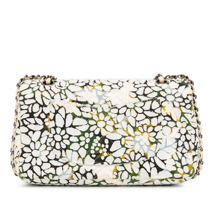 Medium Classic Chevron Tweed Floral Double Flap White - Gaby Paris