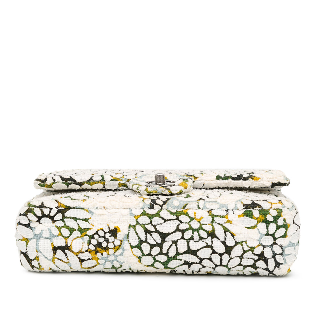 Medium Classic Chevron Tweed Floral Double Flap White - Gaby Paris