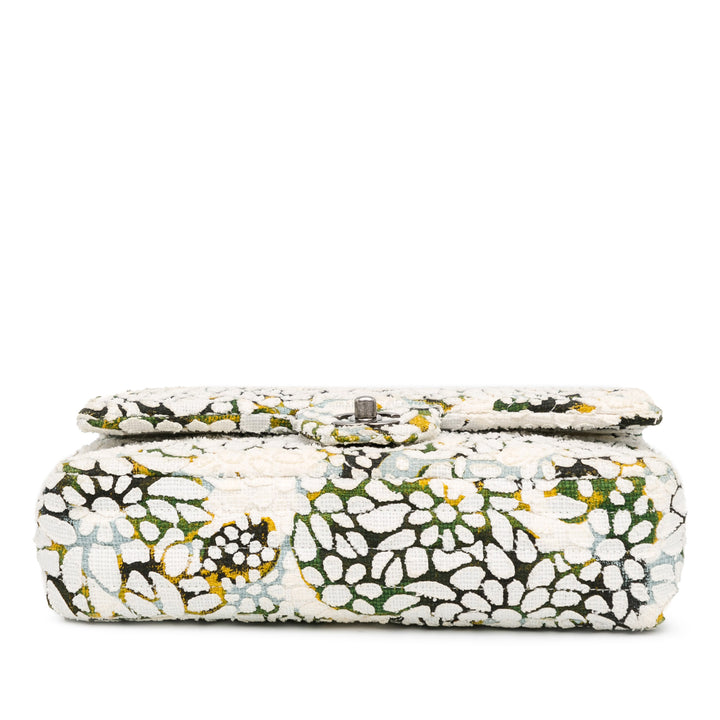 Medium Classic Chevron Tweed Floral Double Flap White - Gaby Paris