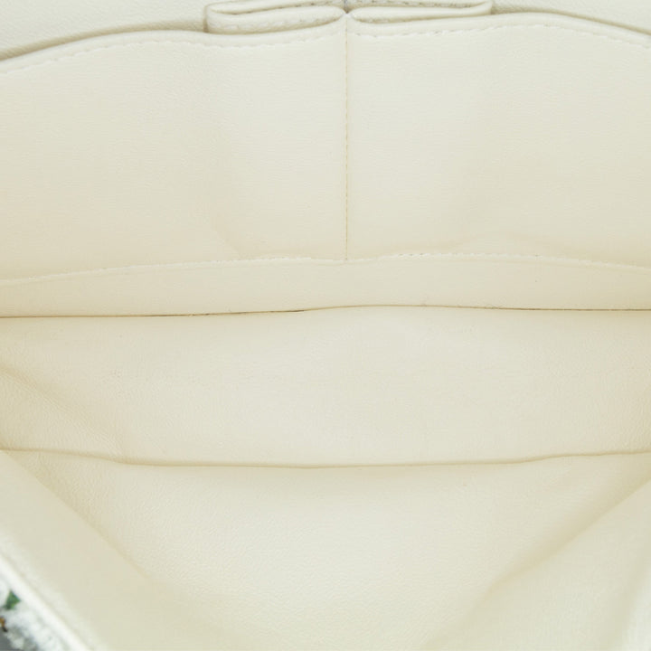 Medium Classic Chevron Tweed Floral Double Flap White - Gaby Paris