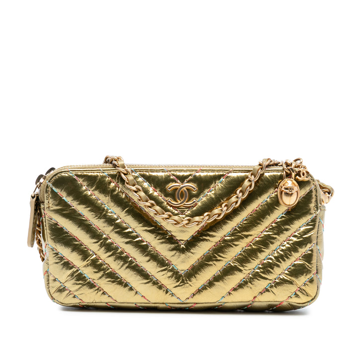 Chanel CC Chevron Metallic Cuir d’agneau Double Zip Wallet on Chain