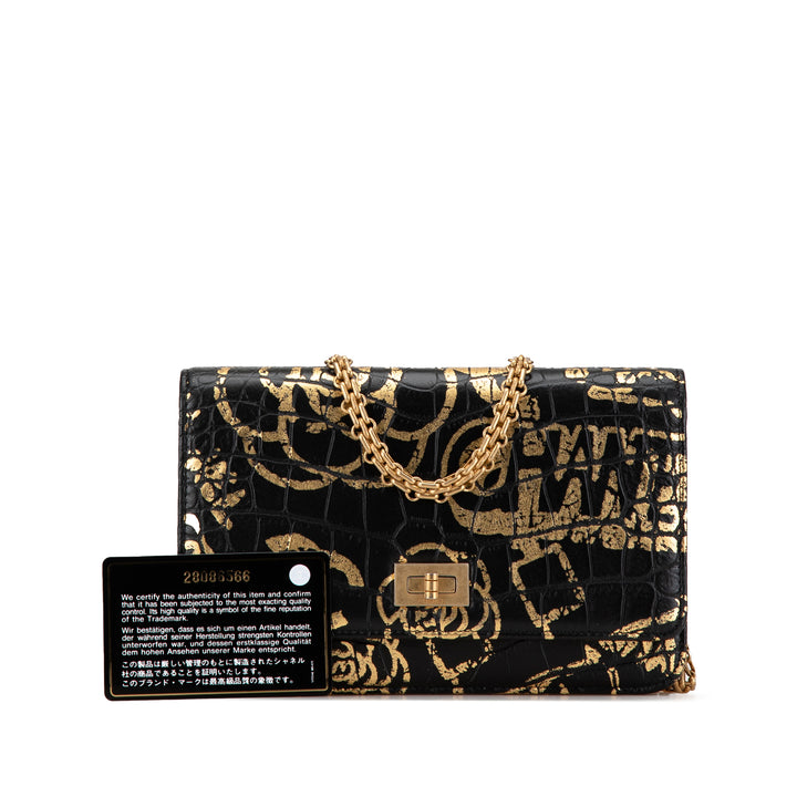 Calfskin Crocodile Embossed Graffiti 2.55 Cocodile Reissue Wallet On Chain Black - Gaby Paris