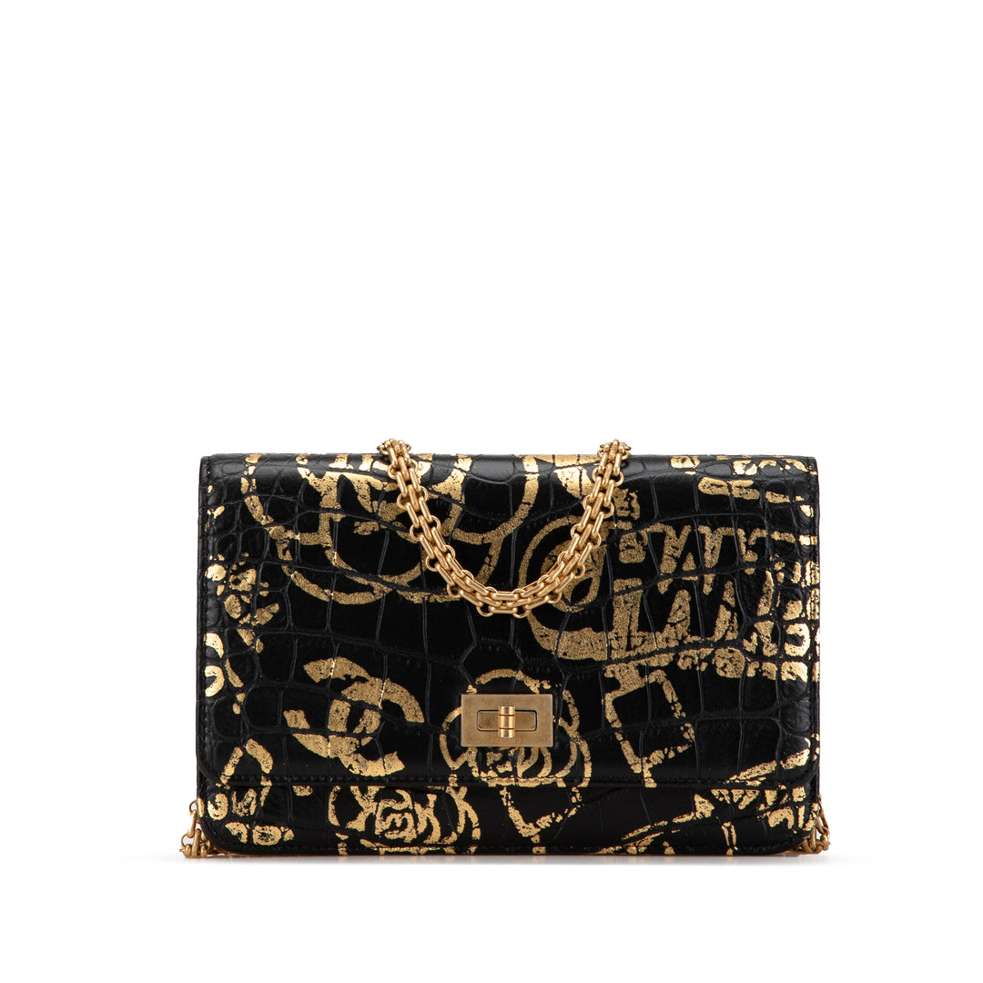 Calfskin Crocodile Embossed Graffiti 2.55 Cocodile Reissue Wallet On Chain Black - Gaby Paris