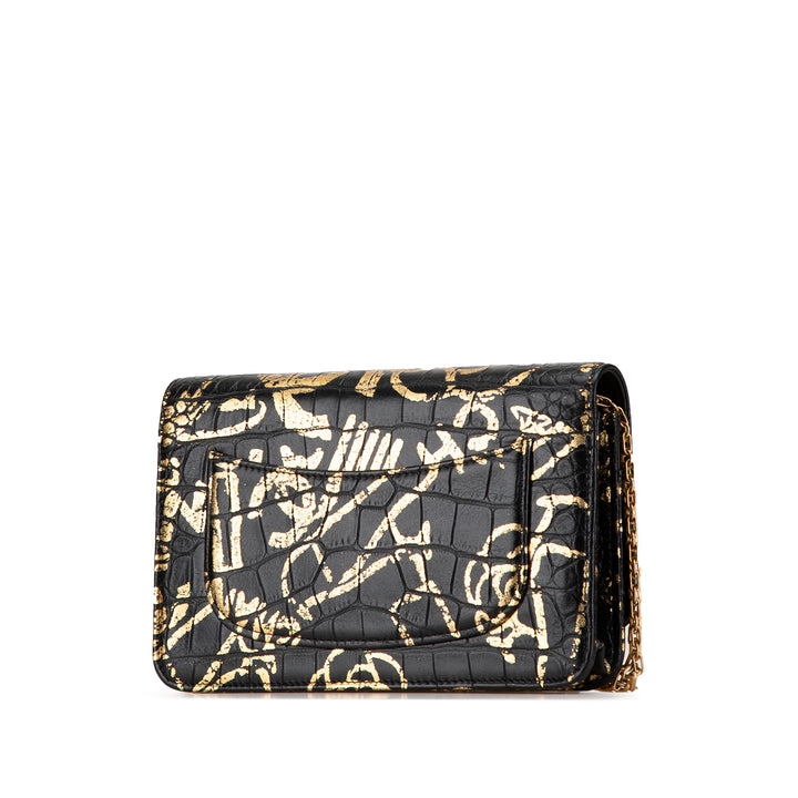 Calfskin Crocodile Embossed Graffiti 2.55 Cocodile Reissue Wallet On Chain Black - Gaby Paris