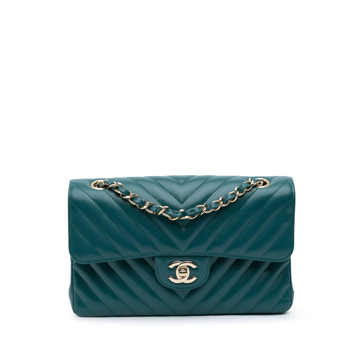 Chanel Small Classic Chevron Caviar Double rabat Bleu