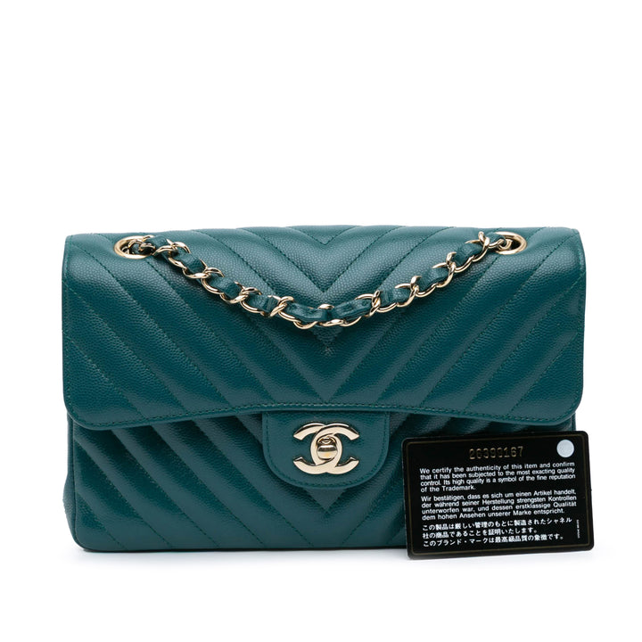 Chanel Small Classic Chevron Caviar Double rabat Bleu