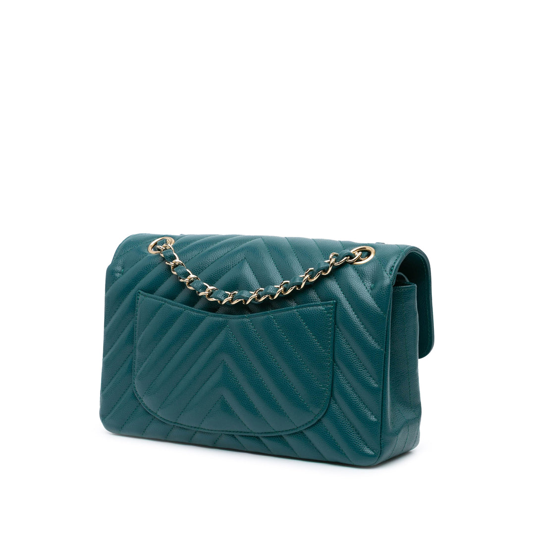 Chanel Small Classic Chevron Caviar Double rabat Bleu