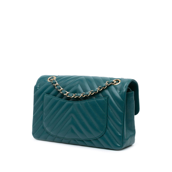 Chanel Small Classic Chevron Caviar Double rabat Bleu