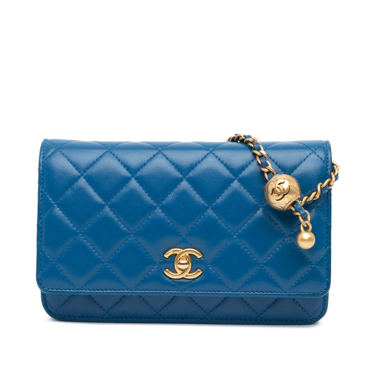 Lambskin Pearl Crush Wallet On Chain Blue - Gaby Paris