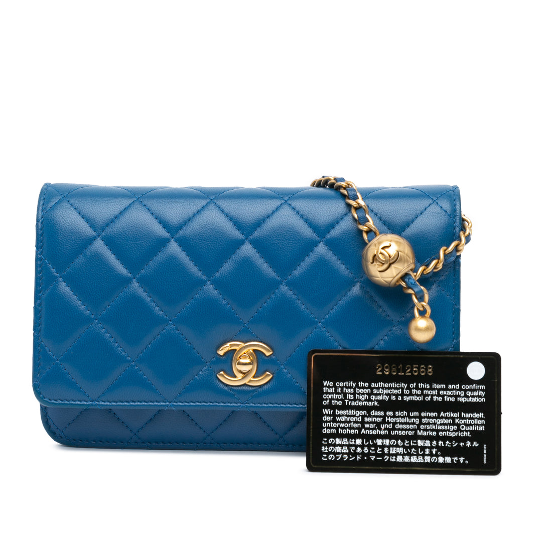 Lambskin Pearl Crush Wallet On Chain Blue - Gaby Paris