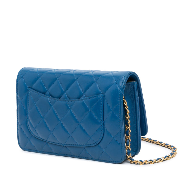 Lambskin Pearl Crush Wallet On Chain Blue - Gaby Paris