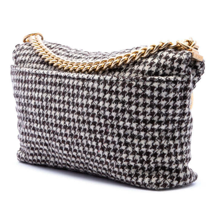 Chanel Medium Matelassé Houndstooth Tweed et Cuir de veau Tabatiere Kisslock Fold Over Sac porté croisé