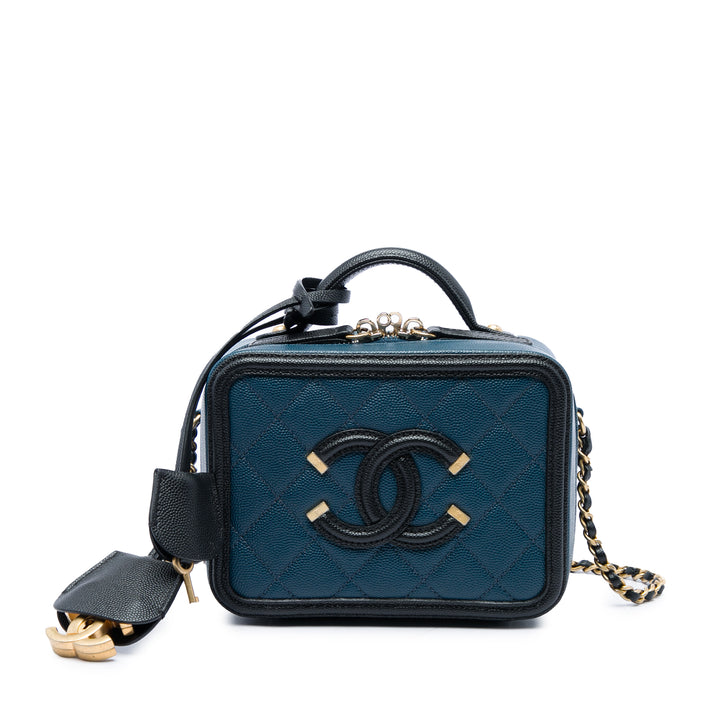 Chanel Bicolore CC Filigree Vanity Petit Cuir caviar Bleu – vue principale – GABY PARIS