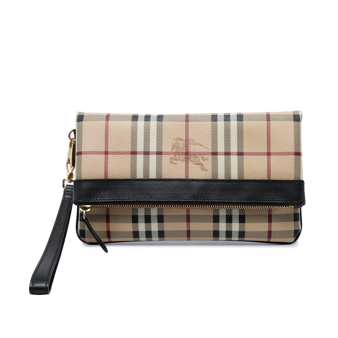 Burberry Pochette Haymarket Check Adeline Fold over Toile enduite Beige – vue principale – GABY PARIS