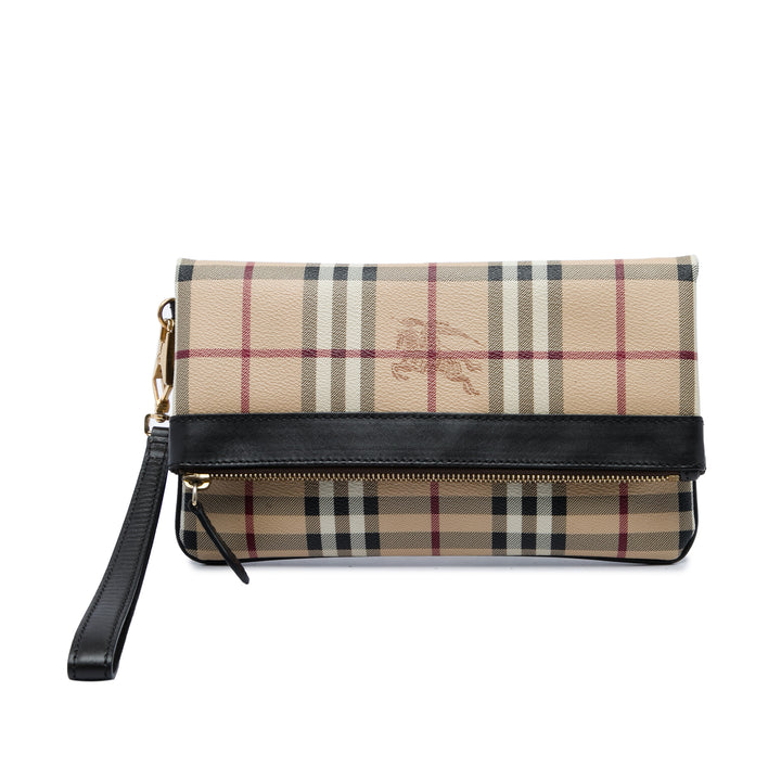 Burberry Pochette Haymarket Check Adeline Fold over Toile enduite Beige – vue principale – GABY PARIS