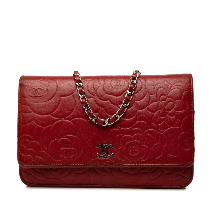 Chanel CC embossé Camellia Wallet on Chain Cuir d'agneau Rouge – vue principale – GABY PARIS