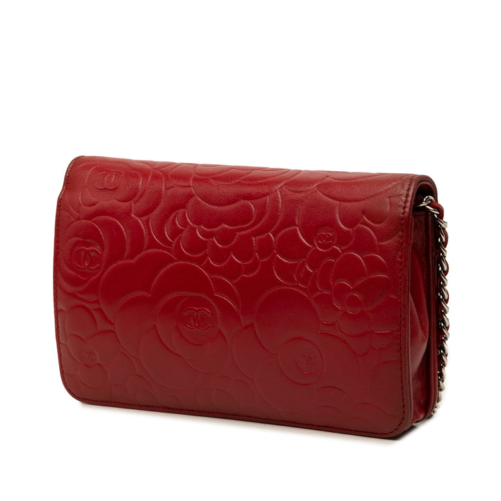 Chanel CC embossé Camellia Wallet on Chain Cuir d'agneau Rouge – vue 2 – GABY PARIS