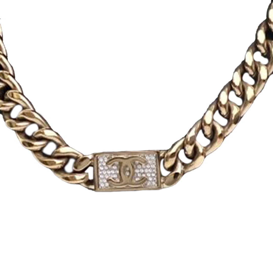 Gold Plated Rhinestone CC Chain Link Choker Necklace Gold - Gaby Paris