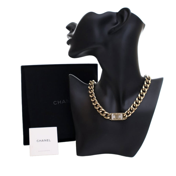 Gold Plated Rhinestone CC Chain Link Choker Necklace Gold - Gaby Paris