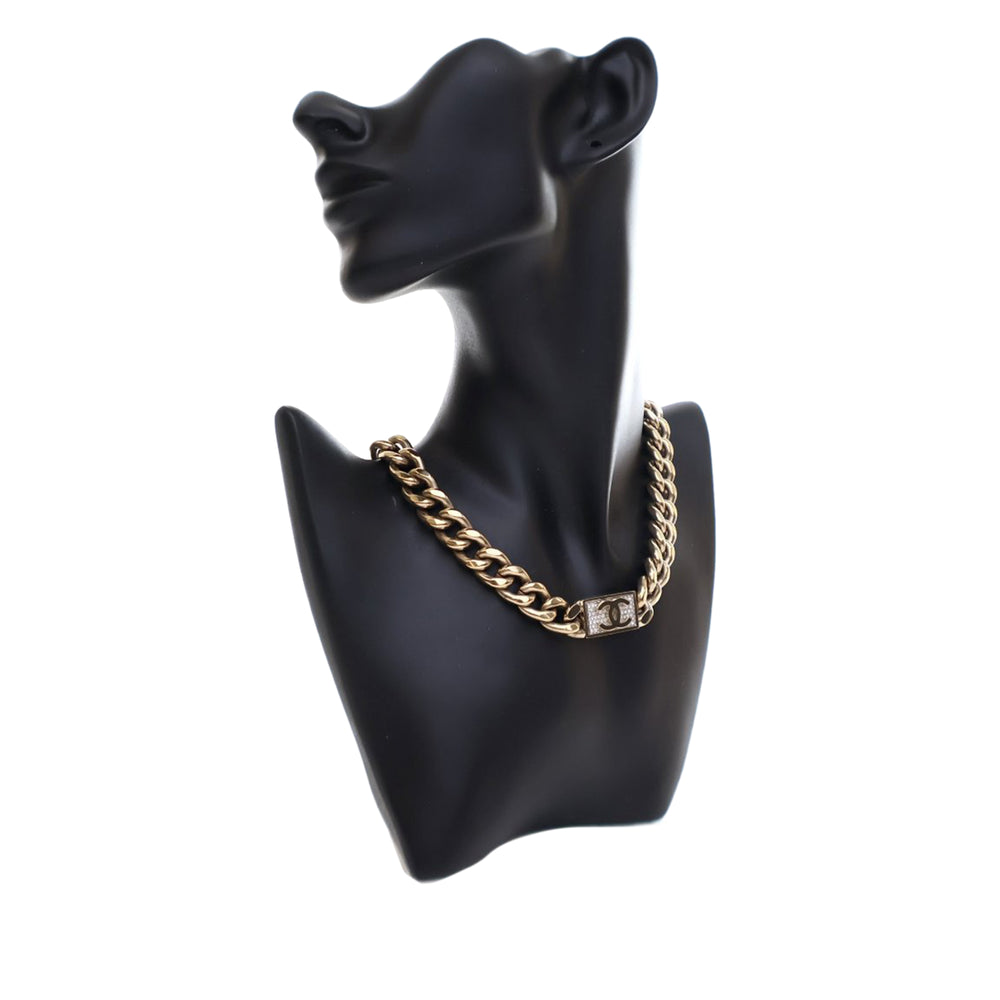 Gold Plated Rhinestone CC Chain Link Choker Necklace Gold - Gaby Paris