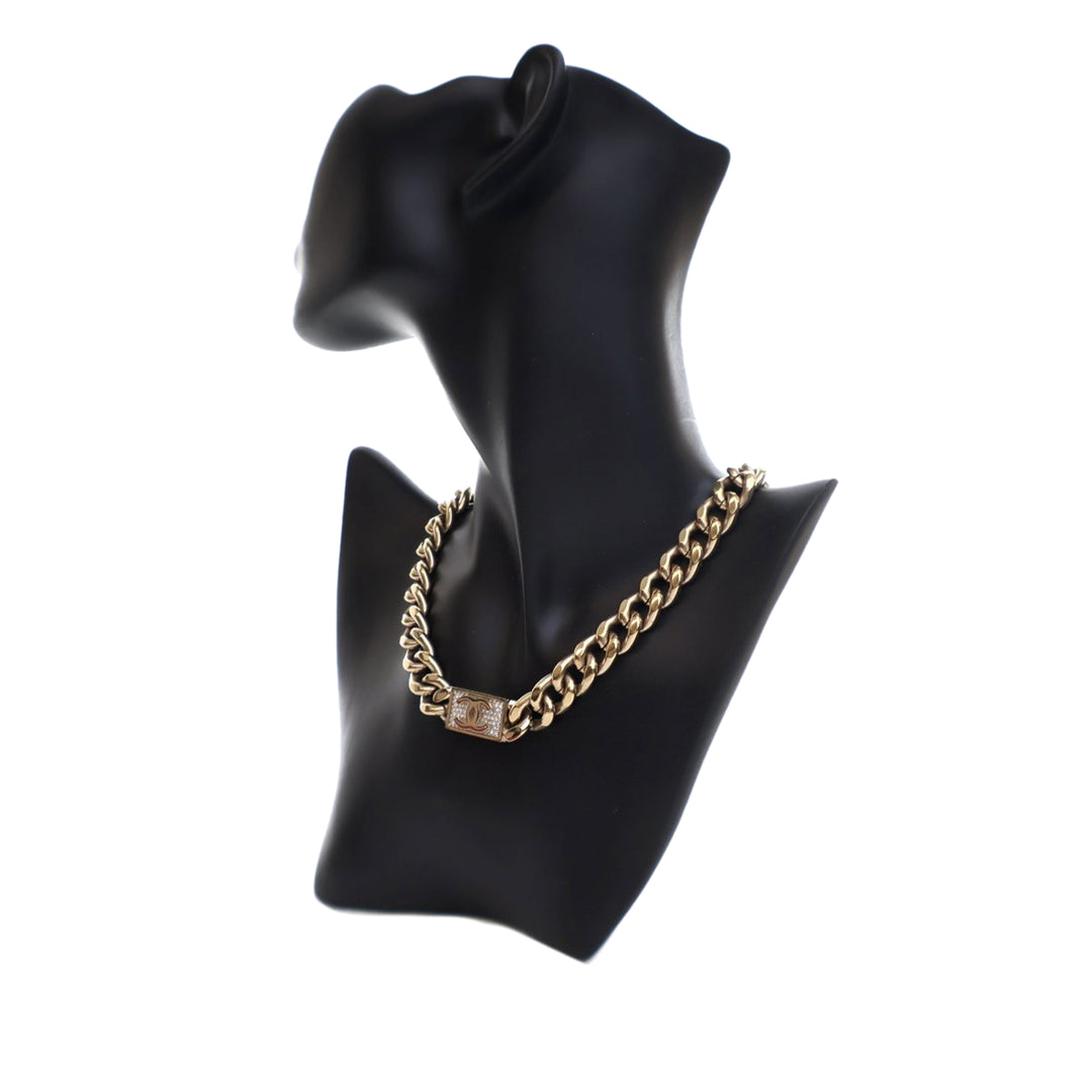 Gold Plated Rhinestone CC Chain Link Choker Necklace Gold - Gaby Paris