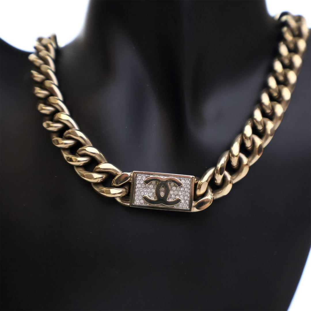 Gold Plated Rhinestone CC Chain Link Choker Necklace Gold - Gaby Paris
