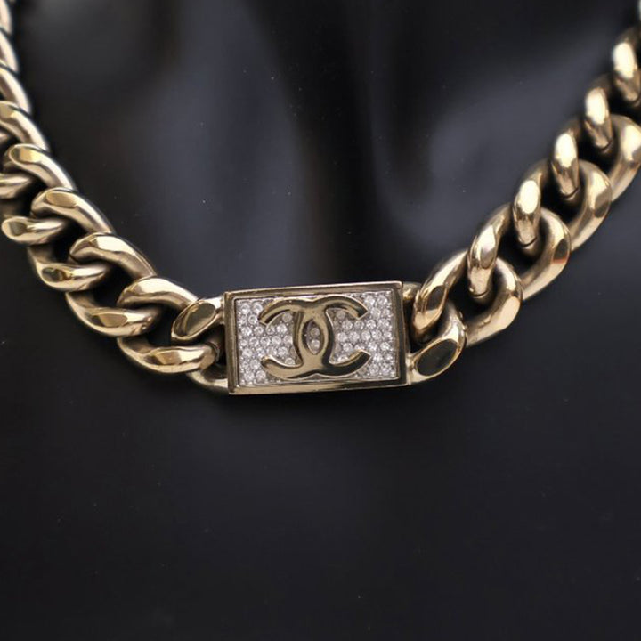 Gold Plated Rhinestone CC Chain Link Choker Necklace Gold - Gaby Paris