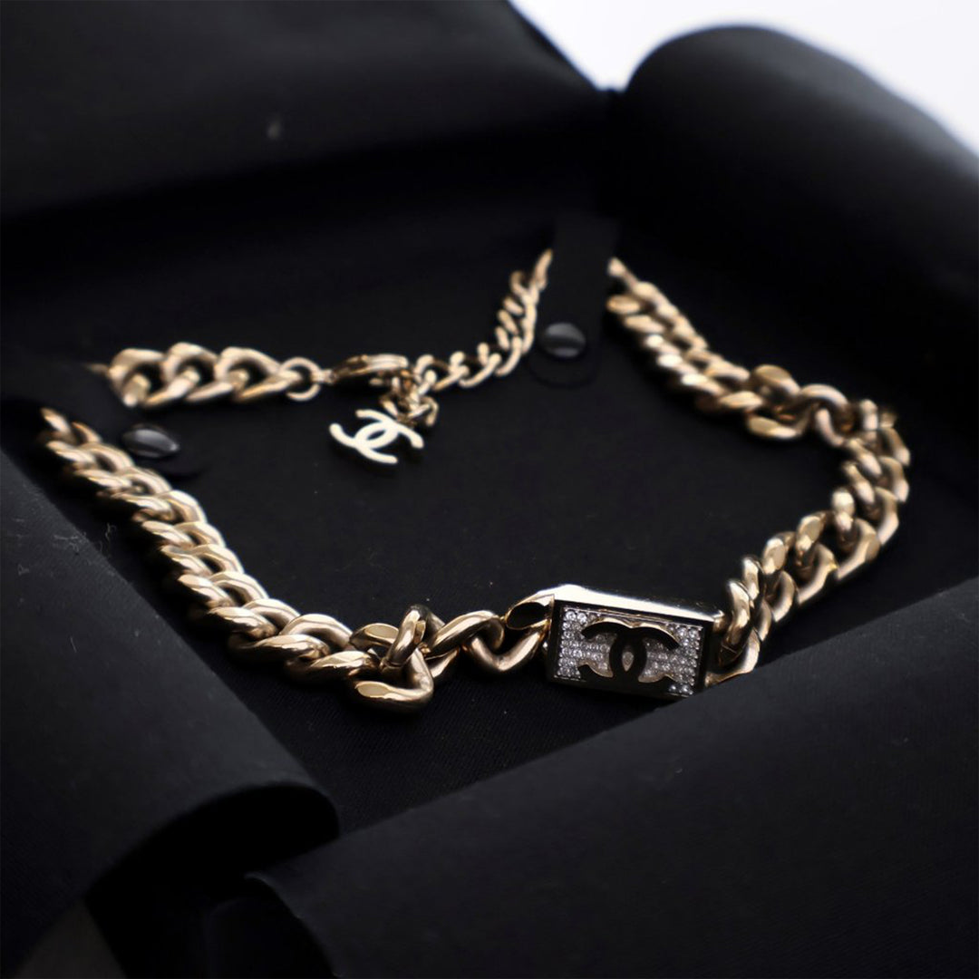 Gold Plated Rhinestone CC Chain Link Choker Necklace Gold - Gaby Paris