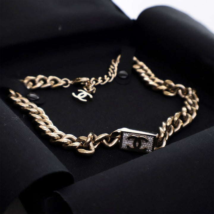 Gold Plated Rhinestone CC Chain Link Choker Necklace Gold - Gaby Paris