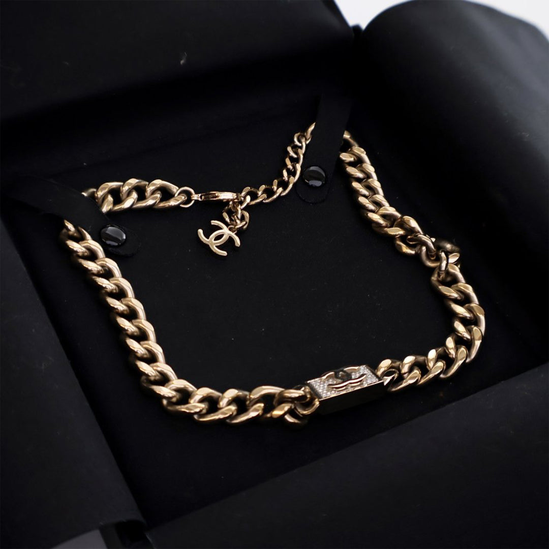 Gold Plated Rhinestone CC Chain Link Choker Necklace Gold - Gaby Paris