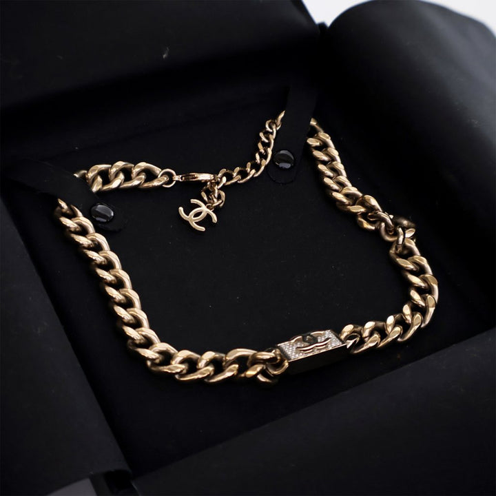 Gold Plated Rhinestone CC Chain Link Choker Necklace Gold - Gaby Paris