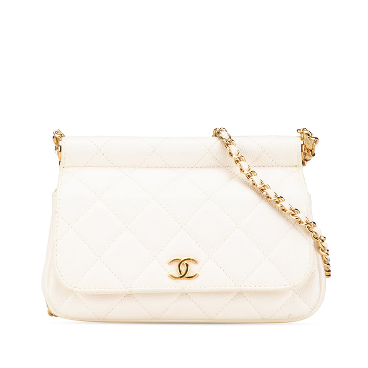 Quilted Caviar Frame Flap Clutch with Chain White - Gaby Paris