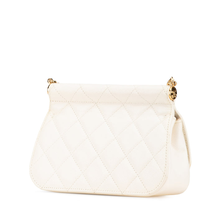 Quilted Caviar Frame Flap Clutch with Chain White - Gaby Paris