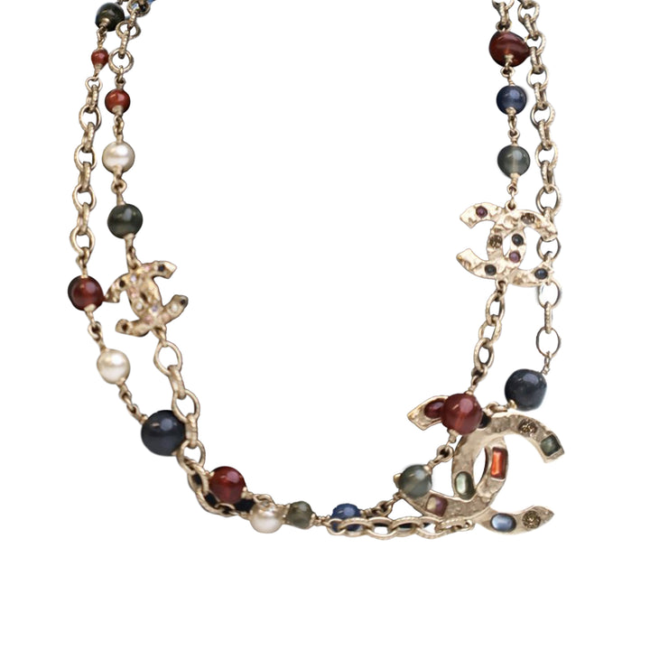 Gold Plated Faux Pearl Beaded CC Gingham Bow Charms Necklace Gold - Gaby Paris