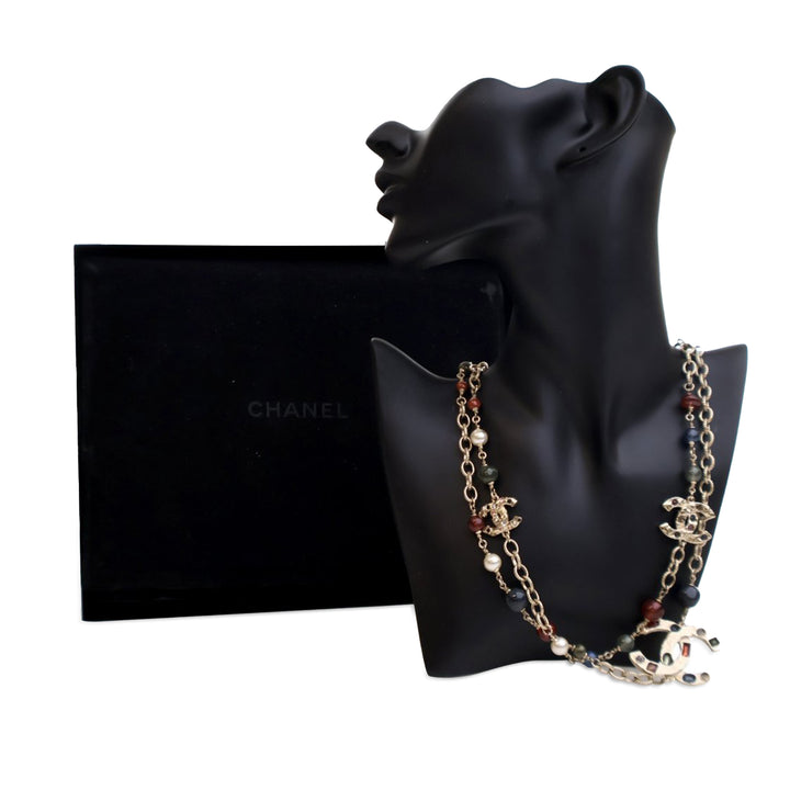 Gold Plated Faux Pearl Beaded CC Gingham Bow Charms Necklace Gold - Gaby Paris