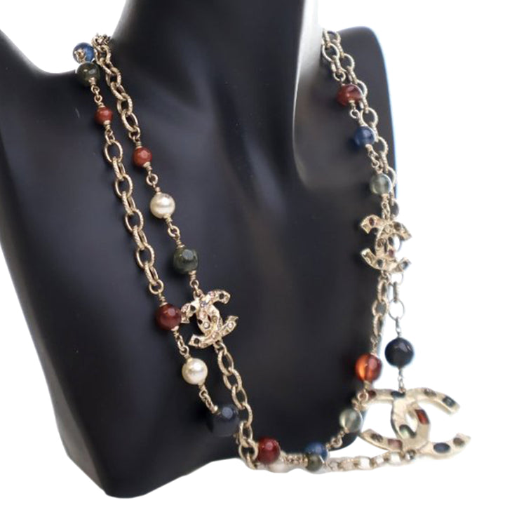 Gold Plated Faux Pearl Beaded CC Gingham Bow Charms Necklace Gold - Gaby Paris