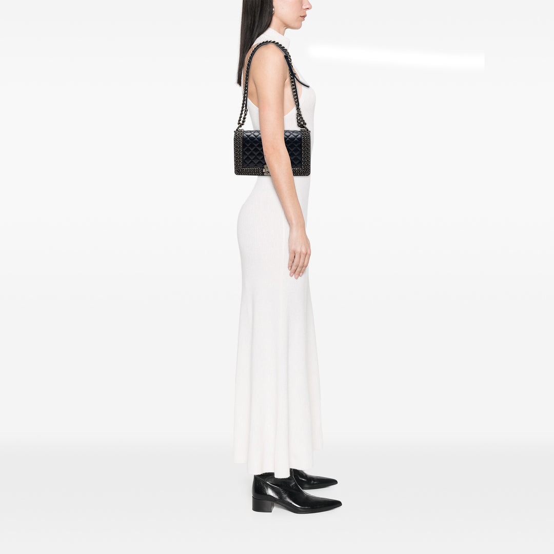 Chanel Old Medium Matelassé Glazed Cuir de veau Sac rond à chaîne Boy à rabat