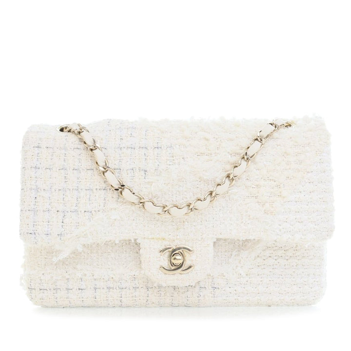 Chanel Medium Classic Tweed Double rabat Blanc