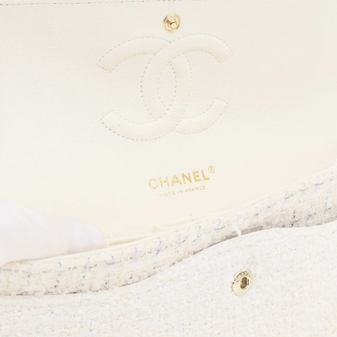 Chanel Medium Classic Tweed Double rabat Blanc