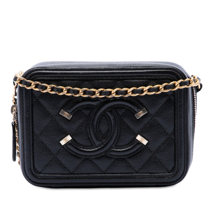 CC Filigree Vanity Pochette avec chaîne Cuir caviar Noir
