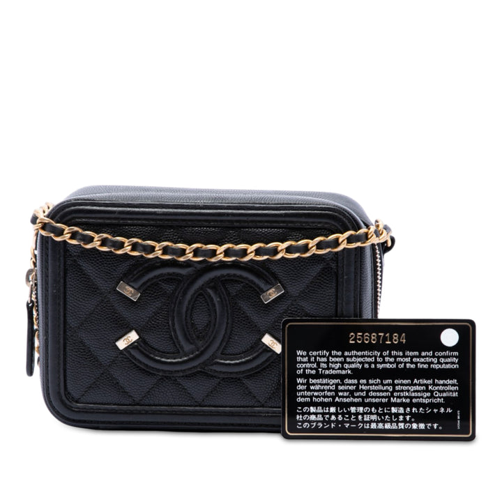CC Filigree Vanity Pochette avec chaîne Cuir caviar Noir