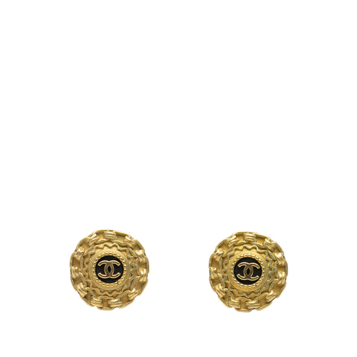 Chanel Boucles d'oreilles CC Resin Rond À clip plaqué or Noir – vue principale – GABY PARIS