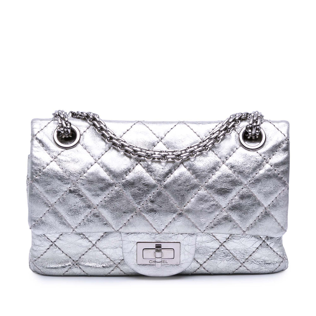 Mini Reissue 2.55 Metallic Aged Calfskin Double Flap 224 Silver - Gaby Paris
