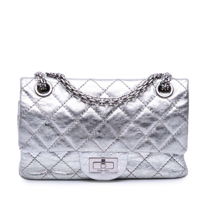Mini Reissue 2.55 Metallic Aged Calfskin Double Flap 224 Silver - Gaby Paris